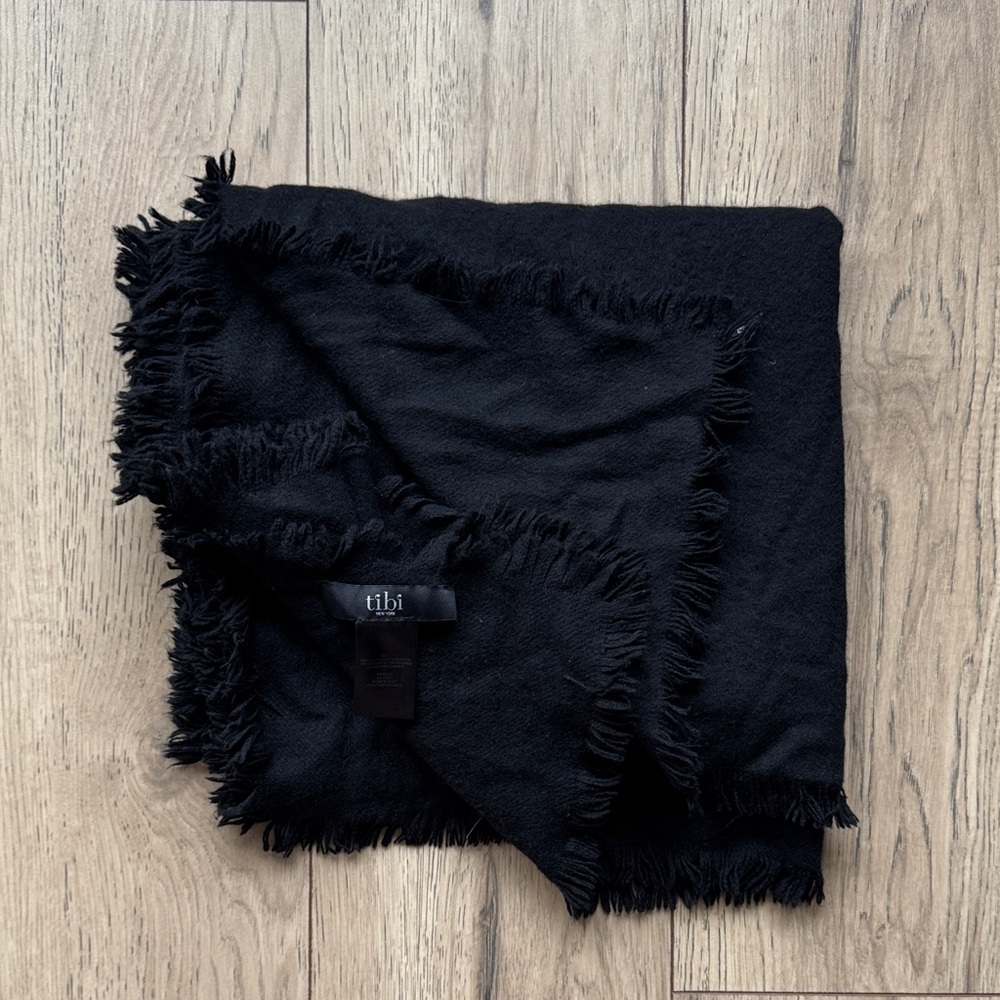 Tibi Wool Cashmere Scarf Black Fringe Italy Long Soft Luxury Minimalist